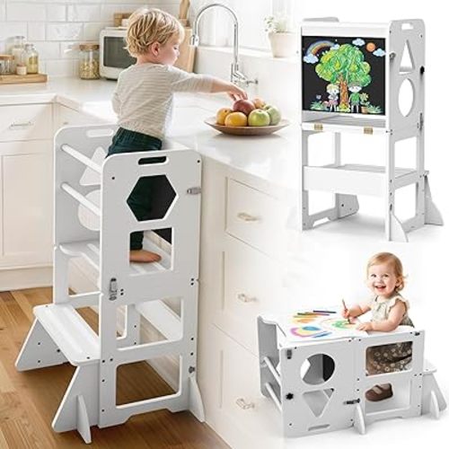 4 in-1 Toddler Kitchen Step Stool, Foldable Learning Standing Tower with Blackboard, Wooden Kitchen Stool Helper for Kids, 1-3 Year Old Boy Girl Gifts - White
