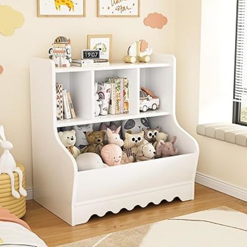 Kids Bookshelf, Toddler Toy Storage Organizer, Wooden 4 Cubby Children Book Shelf for Playroom, Bedroom, Nursery, Classroom
