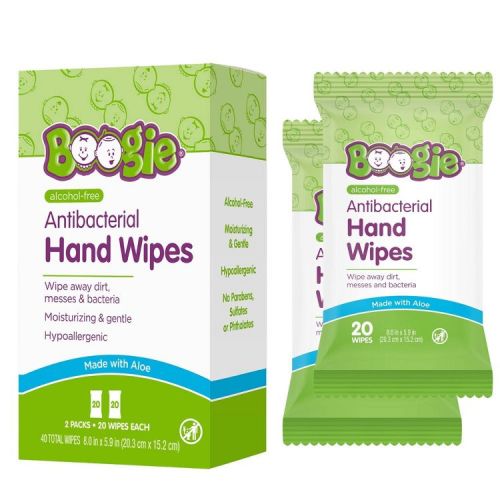 Boogie Wipes Antibacterial Alcohol Free & Hypoallergenic Hand Wipes for Kids and Adults - 40ct/2pk