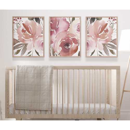 Blush pink nursery wall prints or canvas, Framed nursery art, Baby girl nursery decor, Set of 3 flower nursery art, Above crib decor