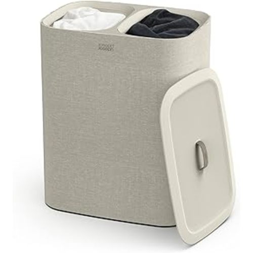 Joseph Joseph Tota 90-liter Laundry Hamper Separation Basket with lid, 2 Removable Washing Bags with Handles- Ecru