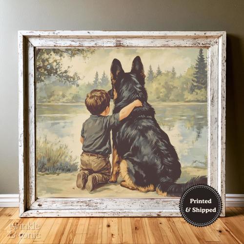 German Shepherd Dog and Little Boy Print, Neutral Nursery, Rustic Baby Room Poster, Antique Kids Art, Rustic Painting, Printed and Shipped