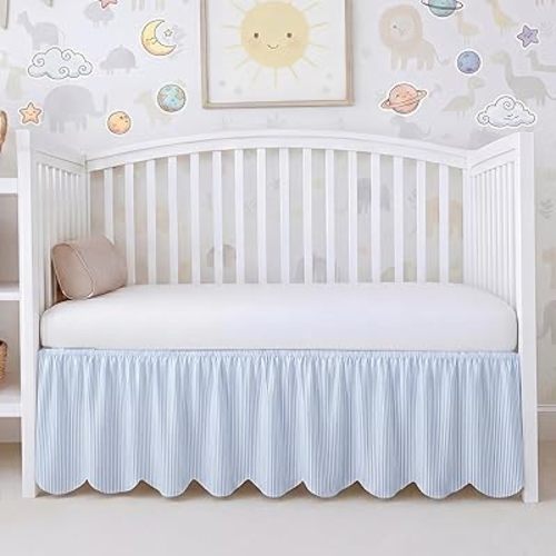 Mindsoft Blue Scallop Edge Cotton Crib Skirt Stripe Farmhouse Chic Nursery Bed Skirt Gender Neutral for Baby Boys Girls Fits Standard Cribs Toddler Beds, 52" x 28" x 16" Drop
