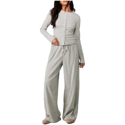 WDIRARA Women's Striped 2 Piece Pants Outfits Long Sleeve Top Lounge Sets