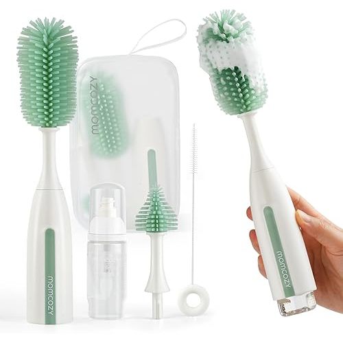 Momcozy Bottle Brush Kit Pro, Innovative Push-Press Design for Deep Cleaning - Bottle Cleaner Brush for Bottle/Breast Pumps/Nipple - Clog-Free Brush & Foam-Generating Design for Better Cleaning, Green