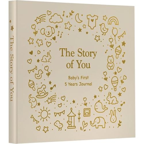 Baby Memory Book First 5 Year Boy or Girl Keepsake Journal Photo Albums Scrapbook, Gifts for Baby Shower First Time Mom New Parents (Toy - Khaki)