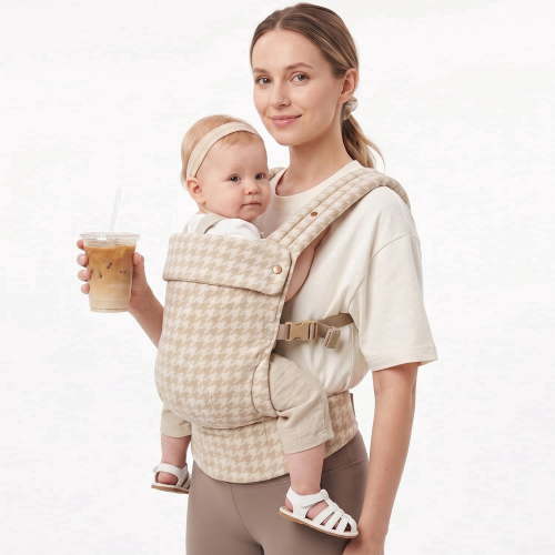 Lujifo, Ergonomic Baby Carrier, Cotton-Linen Houndstooth, Khaki
