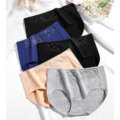 MISSWHO Women's High Waisted Cotton Underwear Soft Breathable Full Coverage Stretch Briefs Ladies Panties 5-Pack