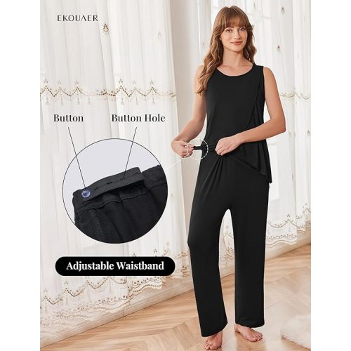Ekouaer Maternity Nursing Robe Set 3 Pieces Sleeveless Top, Pregnancy Pants & Robe Double Layer Pajamas S-XXL