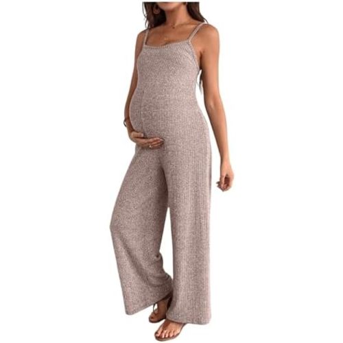 MakeMeChic Women's Maternity Cami Jumpsuit Spaghetti Strap Rib Wide Leg Pregnancy Overalls Romper