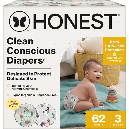 The Honest Company Clean Conscious Diapers for Delicate Skin | Up to 100% Leakproof | Hypoallergenic, Fragrance Free | Winter '25 Limited Edition Prints | Club Box, Size 3 (16-28 lbs), 62 Count