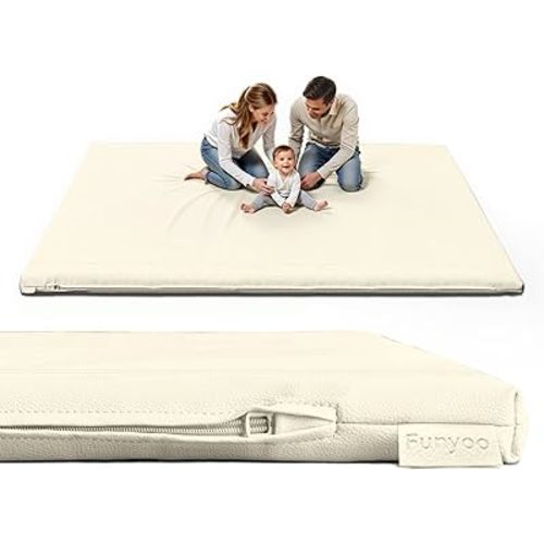 Padded 79" ×71" Large Baby Play Mat for Floor, 1.2" Thick Memory Foam Playmat with Soft Vegan Leather Cover, Cushioned Play Mat for 71" x59" Playpens, Beige