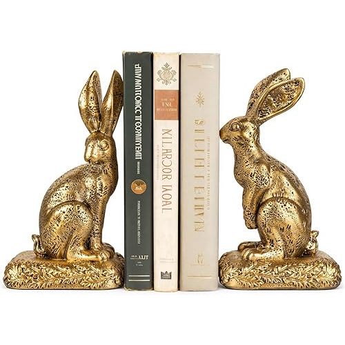 Rabbit Bookends, Decorative Bunny Book Ends for Shelves, Unique Rabbit Figurine Bookends, Heavy Resin Book Holder for Bookshelf Home Office Nursery Decor (Gold)