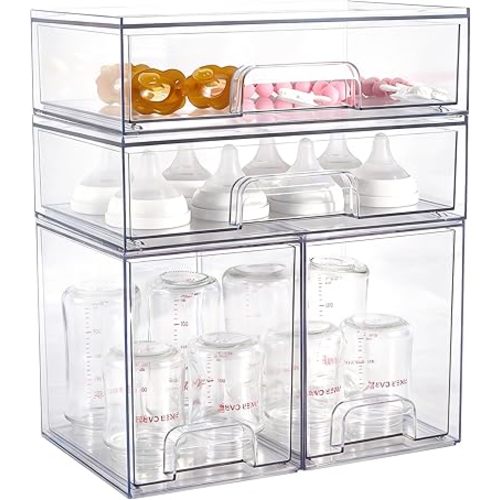 Baby Bottle Organizer, 4 Pack Clear Space-Saving Stackable Drawer with Handle, Baby Bottle Storage Organizer for Countertop and Cabinet