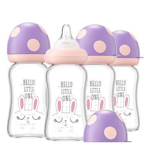 YOHKOH Natural Glass Baby Bottle with Level 1 Slow Flow Nipple, Newborn Anti-Colic Baby Bottles, Wide Neck Mushroom Baby Glass Bottle ((5.4oz (Pack of 4), Purple)
