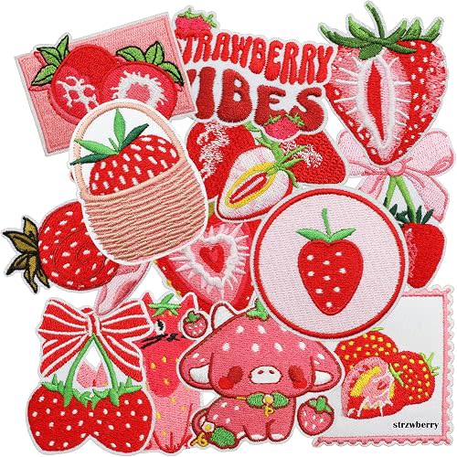 16pcs Strawberry Iron/Sew on Patches, Cute Pink Sweety Embroidered Applique, Funny Decoration for Clothes, Hat, Bag, Dress, Shirt, Jeans