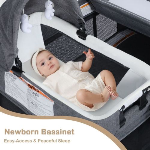 Kinder King 4-in-1 Convertible Baby Playard with Bassinet, Diaper Changer, Cradle&Bedside Sleeper, Breathable Mesh, Storage Organizer&Lockable Wheels