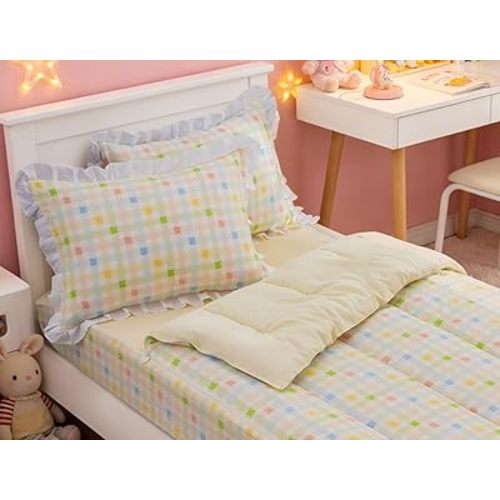 Meeting Story 3pcs Zipper Bedding Twin Colorful Checked Plaid Comforter Set All in One Zipper Twin Bedding Set for Girls Kids(Multicolor,Twin)