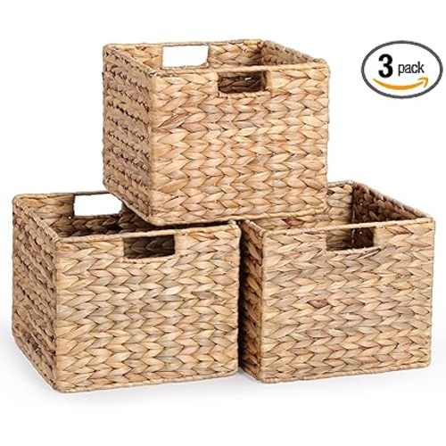 12x12x10in Water Hyacinth Storage Basket Large, Folding Cube Woven Wicker Storage Basket for Shelves, Pantry Baskets Organization and Storage, Kitchen Storage Baskets, Large Rattan Basket Set of 3