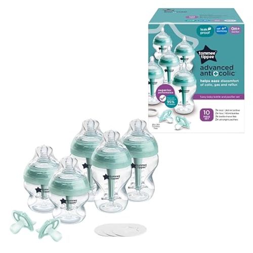 Tommee Tippee Advanced Anti-Colic 10 Piece Bottle and Pacifier Set, 5 and 9 oz BPA Free Bottles, Newborn 0+ months, Slow & Medium-Flow Breast-Like Nipples, 3 Travel Bottle Lids, 2 Ultralight Pacifiers