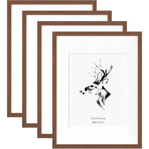 Yaetm 12x16 Picture Frame with Mat for 8.5x11 Set of 4, Walnut Brown, Solid Wood Photo Frames 12 x 16 for Photos, Posters & Art Prints, Lightweight, Wall Mounting (4 pack, Walnut)