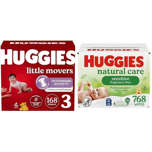 Bundle of Huggies Little Movers Baby Diapers, Size 3 (16-28 lbs), 168 Count + Huggies Natural Care Sensitive Baby Wipes, Unscented, Hypoallergenic, 99% Purified Water, 12 Flip-Top Packs (768 Wipes)