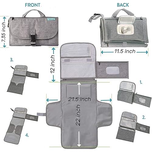 Kopi Baby Portable Diaper Changing Pad - Baby Diaper Changer Travel Bag with Wipes Pocket, Smart Design Portable Changing Mat, Infant Travel Station Kit, Gift for Newborn Girl & Boy - Grey, Classic