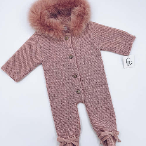 MI LOVES Beautiful Dusty Pink Knitted pramsuit with Luxurious Fur trim
