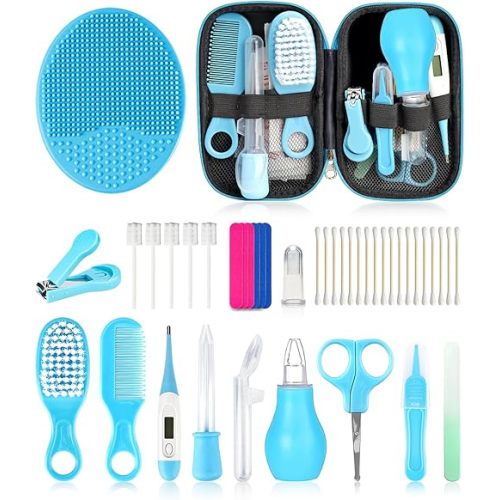 Baby Grooming and Healthcare Kit, Portable Baby Safety Care Set with Hair Brush Comb Nail Clipper Nasal Aspirator for Nursery Newborn Infant Girl Boy (25 in 1, Blue)