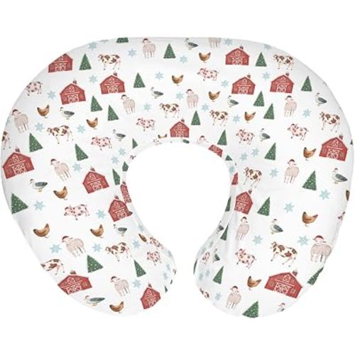 Christmas Farm Animals Life Baby Nursing Pillow Covers for Boy Girl Barn Pig Cow Lamb Hen Duck Trees Nursery Pillowcase for Breastfeeding Pillows Winter Country Farmyard Soft Stretchy Slipcovers