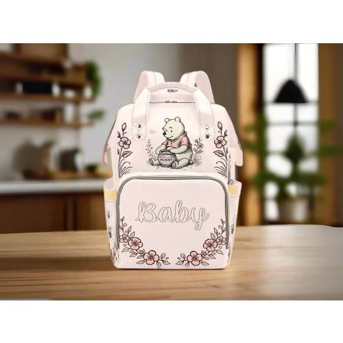 Diaper Bag Winnie the Pooh Vintage Pink Diaper Backpack Floral Mommy Bag Girl Pink Baby Shower Gift Waterproof New Mom Backpack Gifting Idea