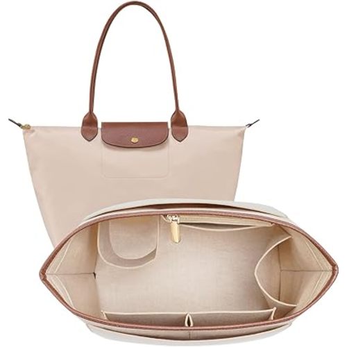 Felt Purse Organizer Insert for Longchamp Le Pliage L Bag, Handbag Leather edge Longchamp Organizer Insert with Cup Holder Tote Organize(Beige, Large)