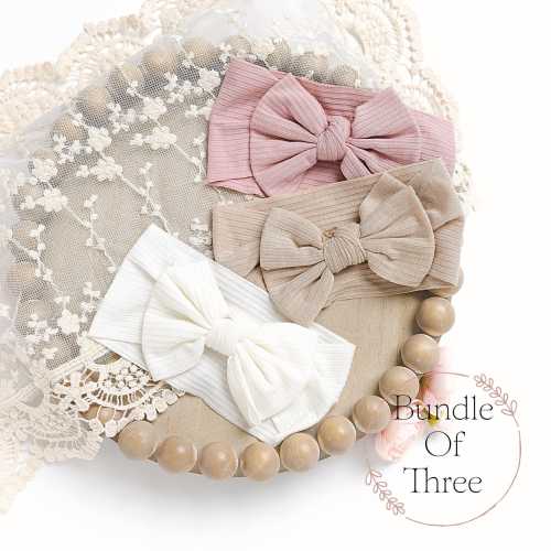 Ribbed Baby Girl Bow Headband Set, Neutral Colors, Newborn Hair Accessories