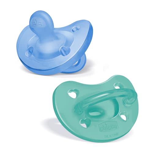 Chicco PhysioForma Silicone Orthodontic Pacifier for Babies 6-16m, One-Piece 100% Soft Silicone, Supports Breathing, Satin-Textured Nipple, Included Sterilizing Case, BPA Free, 2-Pack, Blue/Green