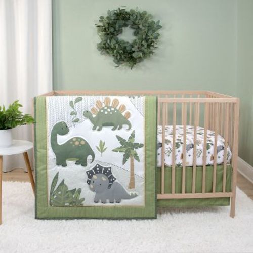 The Peanutshell Baby Crib Bedding Set for Boys, Dinosaur Nursery Decor, Sage Green, Crib Comforter Set