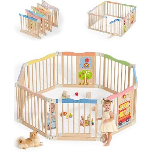 Foldable Wooden Playpen - Adjustable Wood Baby Play Yard with Child-Proof Lock, Indoor Large Safety Fence for Babies and Toddlers - Easy Assembly, 55 x 55 x 24 inches, Animal Bus, Natural