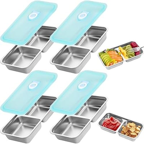 4 Pack Stainless Steel Snack Containers -15oz Reusable Grab and Go 2 Compartment Food Storage Containers for Kids with Leakproof Lids for Travel Outdoor Camping School Lunch Prep Dishwasher Safe