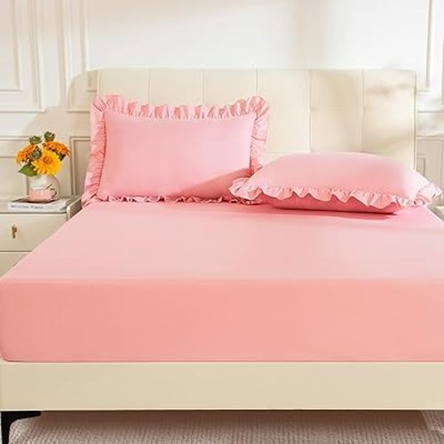 KKJIAF Full Fitted Bed Sheets with 2 Ruffle Pillowcases, Brushed Microfiber Fitted Sheet with 16 Inches Deep Pocket, Comfy Breathable Bed Sheets, Light Pink (No Flat Sheet)
