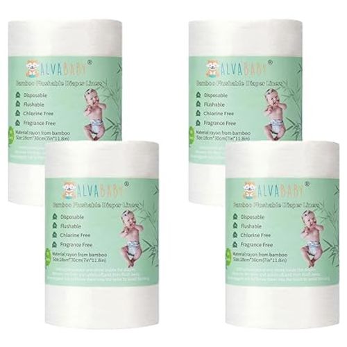 ALVABABY Diaper Liners 4 Rolls for Baby Cloth Diaper 11.8 x 7.1 Inch Disposable Natural Soft Compostable Fragrance Free and Chlorine Free 400 Sheets - 04green - 100 Count (Pack of 4)