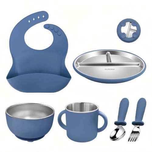 Baby Silicone Stainless Steel Tableware Set Of 6 With Suction Cup DSV