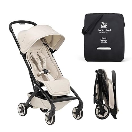 Joolz Aer2 Lightweight Travel Stroller for Baby & Toddler – One-Hand Fold, Compact Carry-On Airplane Approved, Reclining Seat, UPF 50+ Canopy, Travel Pouch, Baby Net – Calming Beige