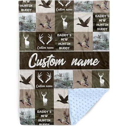Personalized Baby Blanket with Name – Ducks Antlers Pattern Soft Receiving Blanket for Newborn Boys, Custom, Hunting Theme Nursery Decor for Toddlers