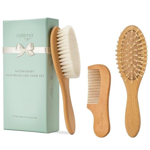 Natemia Wooden Baby Hair Brush & Comb Set - Pack of 3, Oval - Natural Goat Hair Bristles & Soft Bristle Brush - Gentle Scalp Massage & Cradle Cap Comb - For Newborns & Toddlers, Baby Grooming Kit