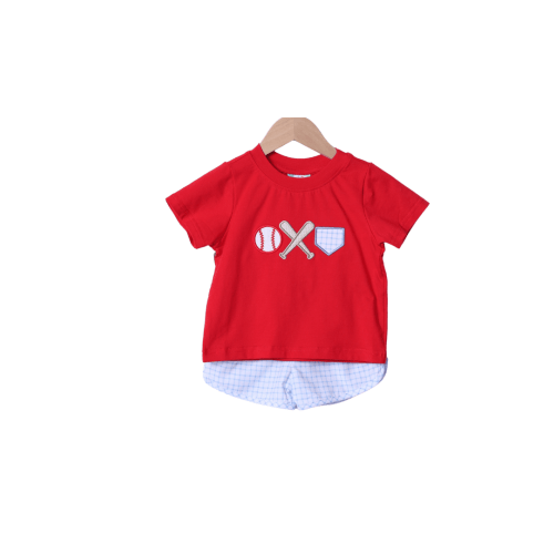 Baseball Applique Blue Gingham Knit Short Set – The Smocked Flamingo