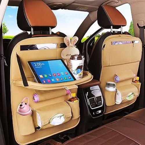 2 Pack Leather Car Backseat Organizer with Foldable Table Tray, Multi-Pocket PU Leather Backseat Organizer, Car Seat Back Storage Organizer with Tablet Holder, Car Kick Mats Seat Back Protector