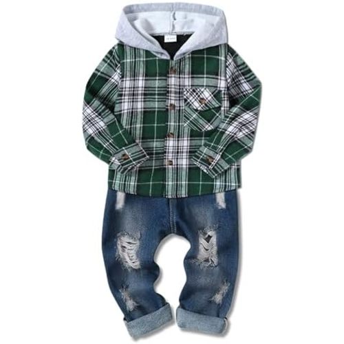ZOEREA Toddler Baby Boys Clothes Outfits Kids Hoodie Flannel Shirts Set Plaid Hooded Tops +Jeans Pants Fall Winter 2-6T