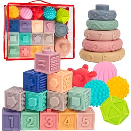 3 in 1 Baby Toys,Montessori Baby Blocks for 0-3-6-12 Months Babies