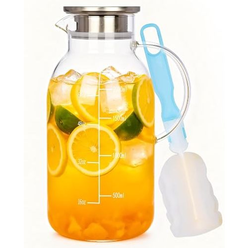 88oz Glass Pitcher, Stainless Steel Lid and Precise Scale Line, Easy Clean Heat Resistant Borosilicate Glass Jug