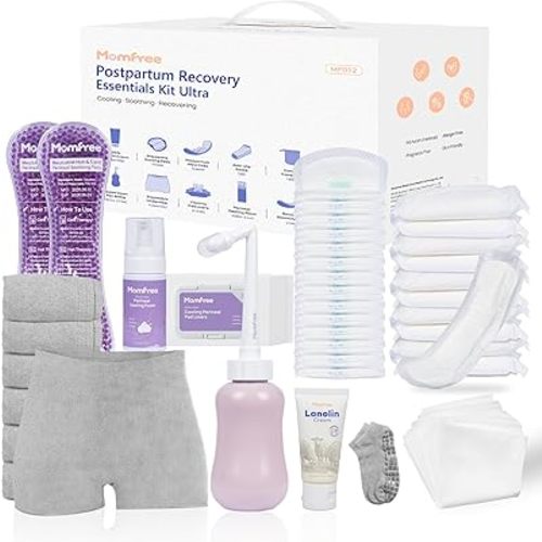 Upgraded Postpartum Essentials Recovery Kit for Women: Labor Delivery Post Partum - Perineal Healing Foam & Upside Down Peri Bottle | 6 Disposable Underwear | Soothing Pads | Nursing & Maxi Pads