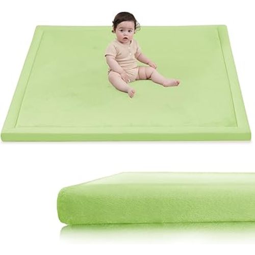 Huloo Sleep Baby Play Mat for Floor,1.3"Thick Elasti-Foam 50x50 Playpen Mat for Toddlers Infant kids,Water-Repellent Soft Velvet for Tummy Time,Non-Slip Backing for Crawling,Tatami Style(Light Green)